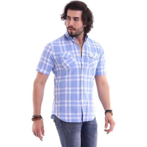 ALTEGRO % 100 COTTON SHORT SLEEVE DOUBLE POCKET COVER PLAID MEN 'S SHIRT (BLUE WHITE)