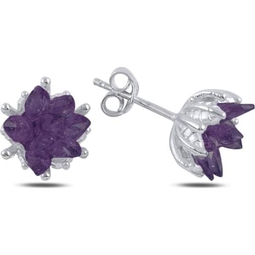 Silver 925 Sterling Lotus Flower Amethyst Zircon Studded Earrings