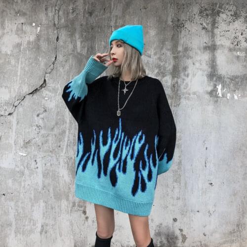 Spring Autumn Wool Womens Sweater Round Collar Long Sleeve Pullover Knitted Flame Plus Size Couples Fashion Casual Sweater
