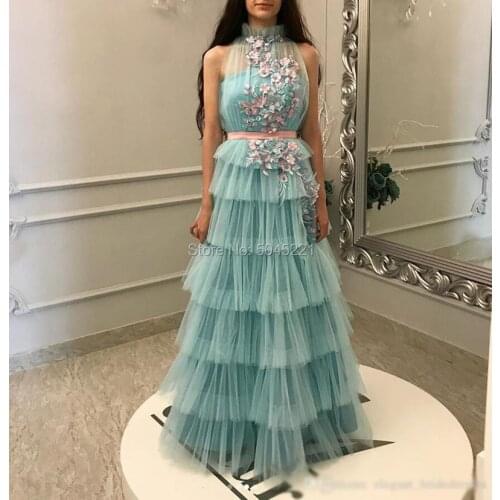 Chic Ice Blue A Line Prom Dresses High Neck Ruffles Tiered Skirt 3D Flower Arabic Dubai Evening Party Gown Cocktail Long Dress