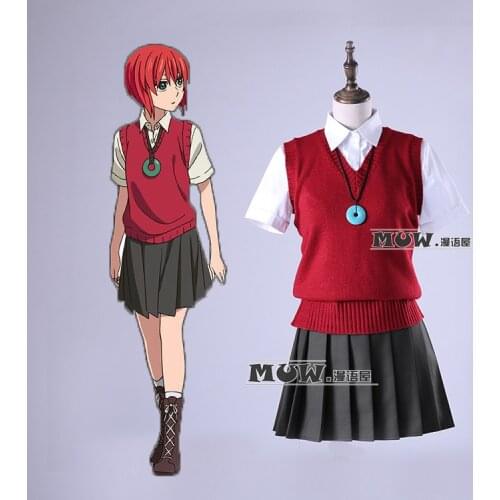 [STOCK]Anime The Ancient Magus Bride Hatori Chise School Uniform +Sweater+Necklace Cosplay Costumes For Women New
