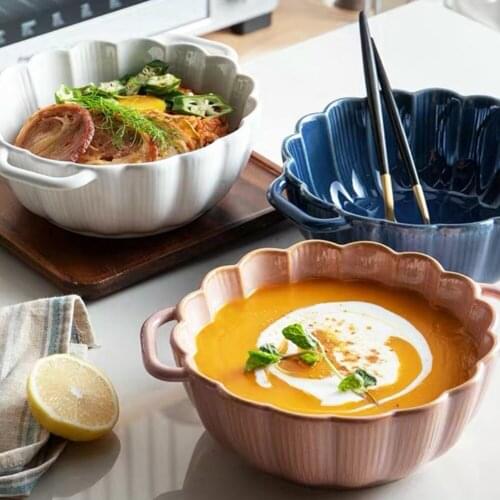 Soup Bowl Large Household Net Celebrity Ceramic Instant Noodle Bowl Single Creative Personality Tableware Double Ear Lace