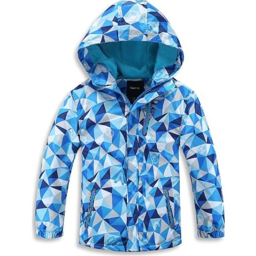 Spring Rainproof Warm Fleece Child Coat Boys Girls Jackets Geometric Print Children Outerwear Kids Outfits For 3-12 Years Old
