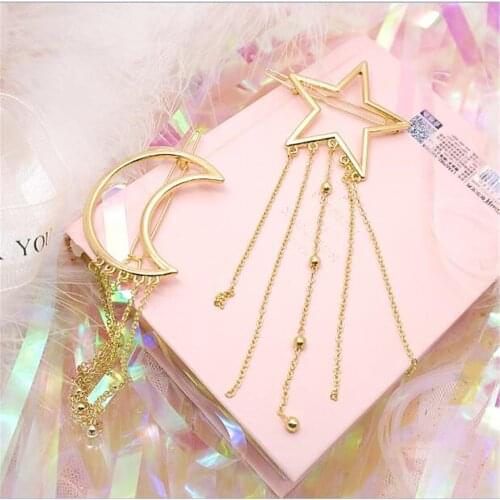 Lolita girl Sweet gold color star moon tassels Hairpin Headdress Accessories B1349