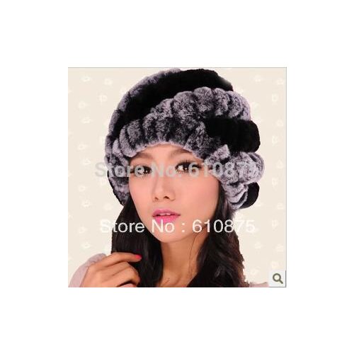 Female Double layer Rabbit fur Knitted Stripe Pineapple Hat woman Fur hats lady Winter Hat Female fur stretch Skullies 54cm-60cm