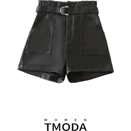 2021 Women Spring Autumn Fashion Black PU Faux Leather High Waist Shorts With Sashes Solid Pockets Casual Straight Shorts Female