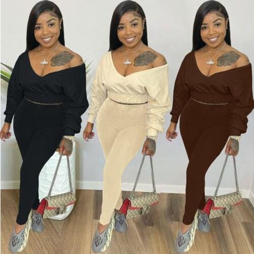 Autumn Winter New Two Piece Set Women V-neck Long-sleeve Sexy Crop Top+Pants Sets Club Outfits Sports Streetwear