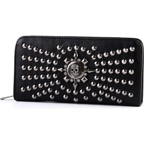 Famous Brand Women Wallet Luxury Long Wallets Female Leather Vintage Skull Rivet Women Clutch Bag Designer Purses Coin Pocket