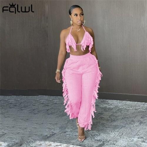 FQLWL Summer Tassel 2 Two Piece Set Women 2021 Outfits Halter Backless Crop Top Casual Pants Suits Bodycon Pink Matching Sets