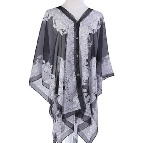 New Summer Woman Chiffon Scarves Imitation Pearl Buttons Sun Clothes Fashion Sunscreen Long Beach Shawl Scarf Women