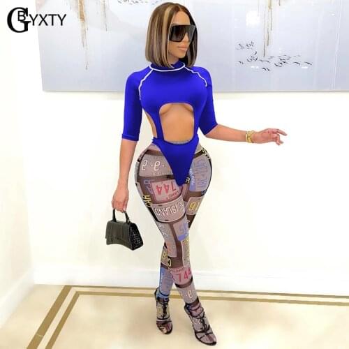 GBYXTY Sexy Backless Front Hollow Out Bodysuit Tops and Sheer Mesh Legging 2 Piece Trackuist Set Women Summer Club Outfit ZL1285