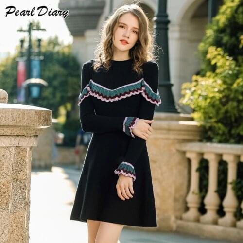 Knitted Dress Women Vintage 2019 New Fashion Fall Winter Elastic A-line Ladies Sweater Dress Elegant Ruffles Spring Vestidos