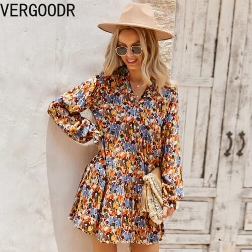 Vergoodr Boho Printed Woman Dress Vintage Long-sleeved Mini Dress 2021 Autumn Loose Ruffle Dresses Elegant Vestido Feminino