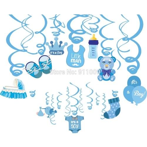 20pcs Baby Shower Ceiling Foil Spirals Hanging Swirl Its A Boy Letters Drop Ornaments Cute Kids Happy Birthday Party Decoration