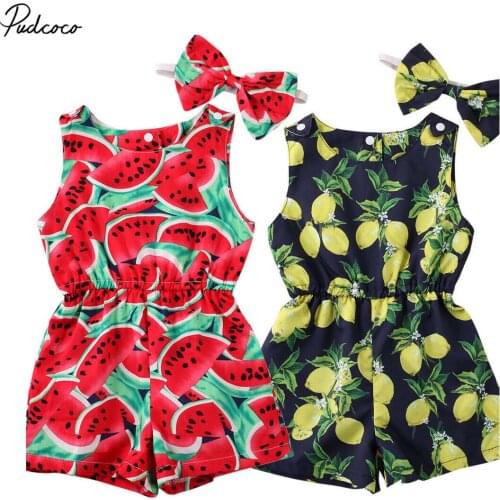 2020 1-5Y Newborn Infant Baby Girl Fruit Romper Headband 2pcs Summer Cute Watermelon Lemon Jumpsuit Playsuit Clothes Outfit