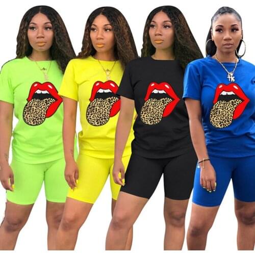 2022 Women Set Outfits Tracksuit Summer Casual Sportwear Solid Tops Woman Short Sleeve T Shirt Mouth Printed Two Piece Set