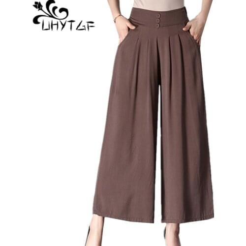 UHYTGF New high waist summer pants women fashion cotton linen wide leg pants soft comfortable casual thin trousers for women 868