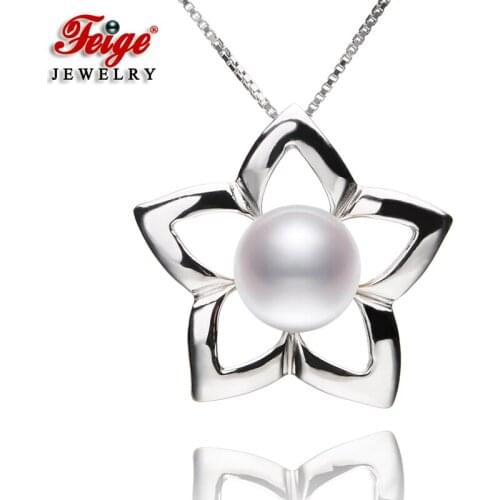 Classic 925 Sterling Silver Chain 8-9mm Freshwater Cultured Pearl Pentagram Pendant Necklace for Women Fine Jewelry FEIGE