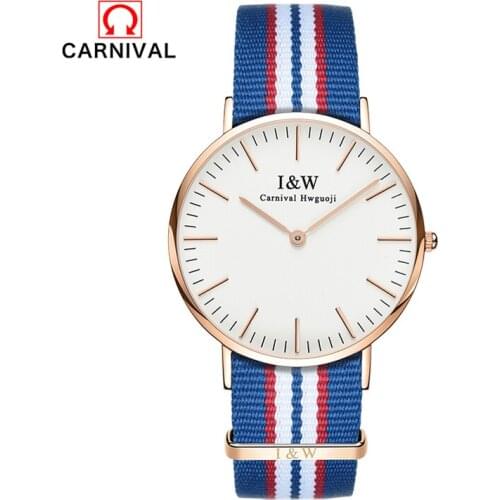 Carnival 2018 new classic brand ladies watch waterproof top brand stainless steel quartz watch blue and red nylon tape watch