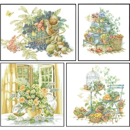 Flower and Fruit Counted Cross Stitch Patterns Kits Needlework Sewing Crafts 11CT 14CT Printed Canvas Embroidery Sets Home Decor