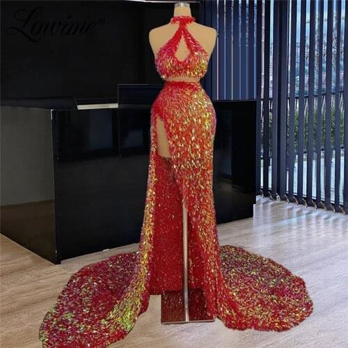 Two Pieces Sparkly Sequins Prom Dresses Long Mermaid Evening Gowns 2021 New Arrival Arabic African Evening Wear Party Dress