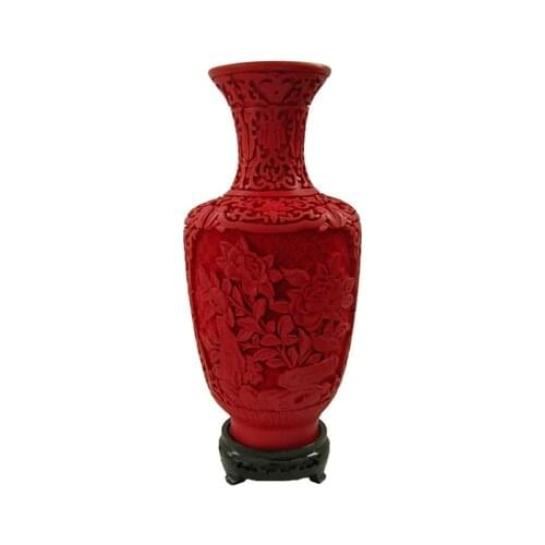 10 inch / Exquisite Chinese Classical Traditional Technology Red Lacquerware Flower Designs Auspicious Vase No.6