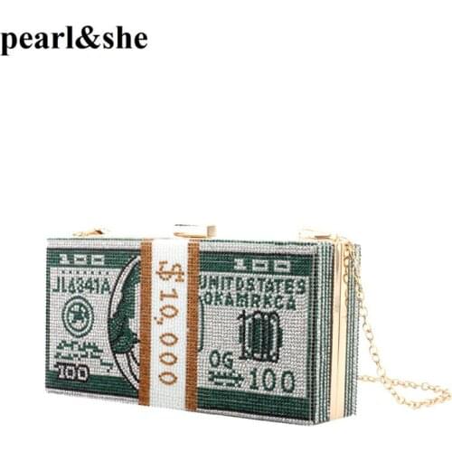Money Clutch Rhinestone Purse Evening Handbag 10000 Dollars Stack Of Cash S Shoulder Wedding Dinner Bag Peral&she