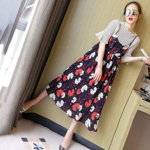 5056 Pregnant womens summer clothes chiffon two-piece set 2018 new short-sleeved short-sleeved medium-length pregnant womens