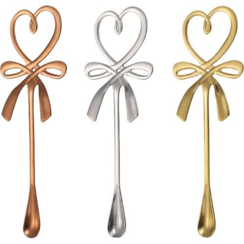 Stainless Steel Bow Knot Heart Shaped Mini Coffee Spoon Tea Dessert Spoons Gold Silver Color Hanging Spoon Flatware Hot Sale