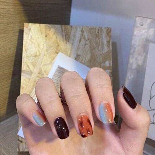 24Pcs/Set Blue Orange Black False Nail Patches Manicure Beauty Tool Leopard Short Square Full Cover Fake Nails DIY Decoration