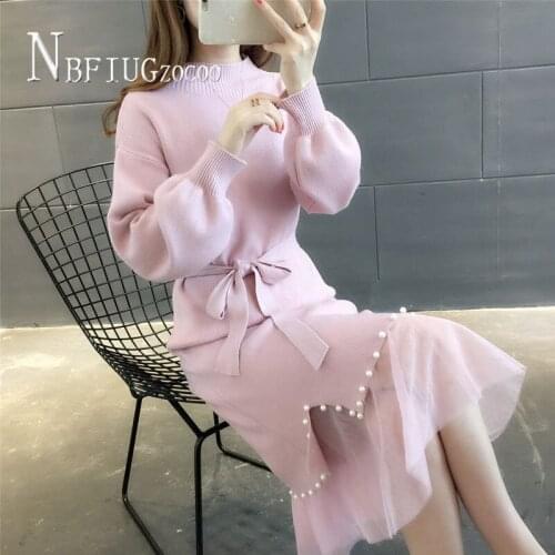 2020 Autumn Winter Solid Color Beading Knitting Women Dress Patchwork Waist Strap Female Dresses