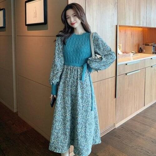Autumn Sweater Dresses for Women Winter Splicing Pullover Bandage Slim Knitting Dress Sweet Knitting Floral Print Dress Vestido