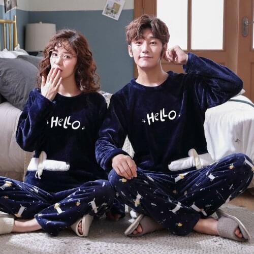 Couples Casual Thick Warm Sleepwear Flannel Long Sleeve Pajamas Sets Women Winter Cute Cartoon Coral Velvet Pyjamas Men Homewear