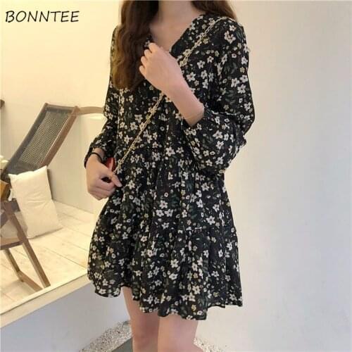 Big Size Dress 3XL Women Empire Elegant Fashion Autumn Chic Retro Floral Clothing Daily College Girls Vestidos Holiday Casual