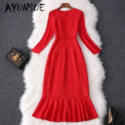 Dress Women Spring Autumn Dress Women Clothes 2020 Red Party Dress Vintage Lace Dress Elegant Vestidos Robe Femme 82628 YY2478
