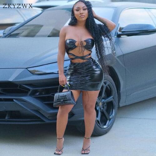 ZKYZWX Sexy Black Pu Leather Bodycon Mini Dress Hollow Out Halter Backless Birthday Dresses for Women 2021 Party Night Club Wear