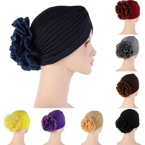 New Style Solid Color Turban Hat Female Stylish Indian Exaggerated Big Flower Turban Hat Western Style Comfortable Pullover Hat