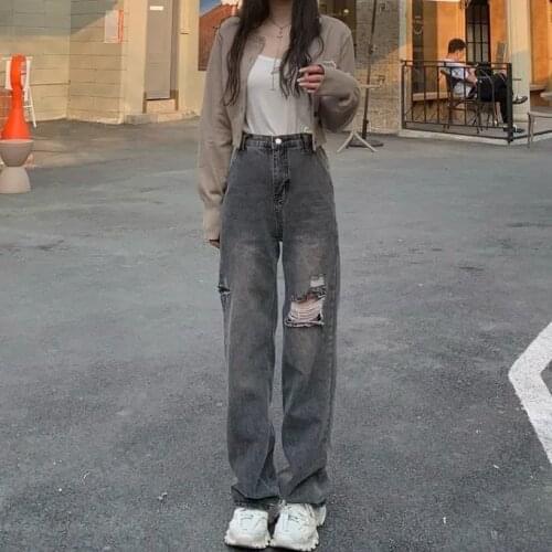 Vintage Black Ripped Hole Wide-Leg Jeans Women Pants Loose High Waist Streetwear Straight-Leg Trousers streetwear women jeans