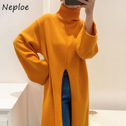Neploe Loose Design Split Mid-length Knitted Dress Korean Chic Turtleneck Warm Pullovers Solid Color All-match Sweaters Women