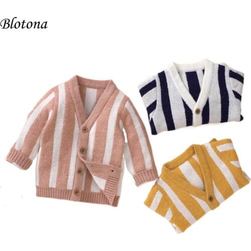 Blotona Spring Fall Toddler Knitted Cardigan, Baby Boys Girls Striped Long Sleeve Single-breasted Outwear Casual Tops 3-24Months
