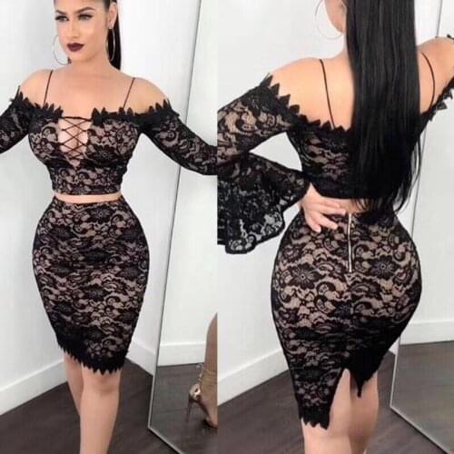 High Quality Black Long Sleeve 2 Pieces Set Floral Lace Celebrity Rayon Bandage Dress Cocktail Party Bodycon Dress Women Sets