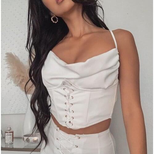 SEASONS Women Corset Top Strap Bustier Crop Lace Up Bandage Ruched Patchwork Sexy Bodycon Party Club Autumn Winter ASVE82412