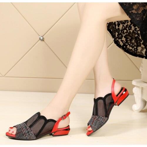 Peep Toe Sandals Low Square Heel Woman Mesh Shoes Casual Hollow Out Buckle Strap 2021 Spring Summer New Big Shoe Black Red