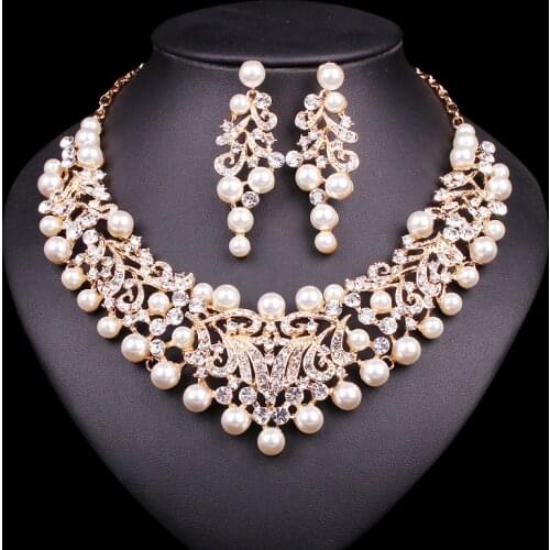 Gold Color Imitation Pearl Wedding Necklace Earrings Sets African Beads Bridal Jewelry Sets Party Costume Accessories for Women