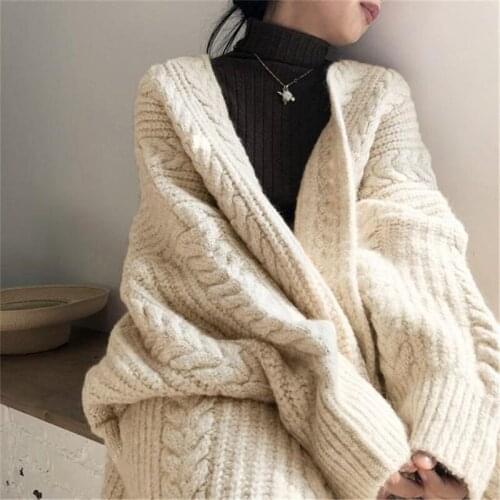 Hstar Women Sweater Gray Beige Long Knitted Cardigan Long Sleeve Simple Casual Loose Knitted Jacket Sweater Plus Size jumper