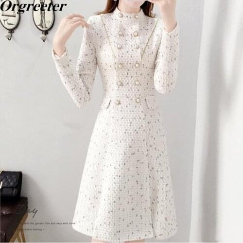 Fashion Elegant White Tweed Party Dress Women Double-breasted Pearl Button Slim A-line Tweed Dress Long Sleeve Split Wild Dress
