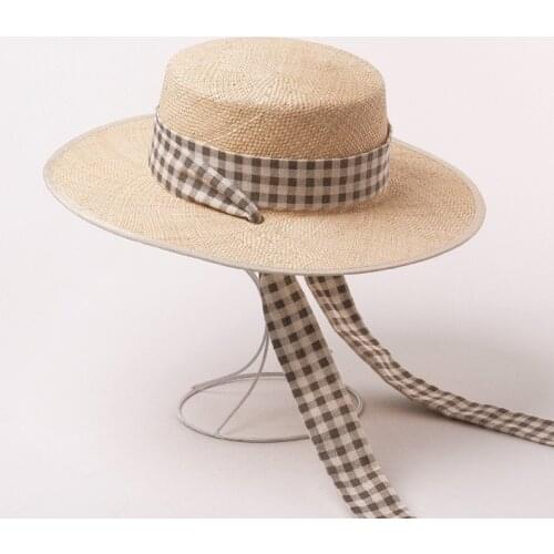 01902-HH7322 2019 new summer handmade Treasure grass flat plaid ribbon lady fedoras cap men women leisure hat
