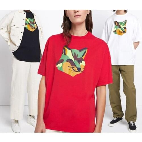 21 summer new womens color matching neon fox head men and women the same round neck little fox short-sleeved T-shirt