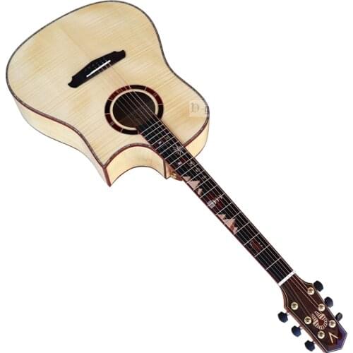 High grade solid flame maple top acoustic guitar 41 inch sharp angle design 6 string high gloss folk guitar real shell binding