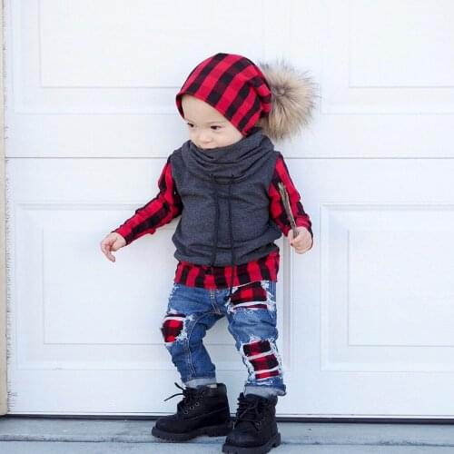 Brand NEW 2 Pieces Sert Kids Baby Boy Plaid Tops Pullover T Shirt Denim Hole Hip Pop Jeans Pants Leggings 2PCS Outfit Clothes